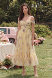 Yellow Flower A-Line Off the Shoulder Midi Dress with Ruffles