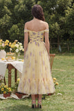 Yellow Flower A-Line Off the Shoulder Midi Dress with Ruffles