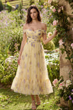 Yellow Flower A-Line Off the Shoulder Midi Dress with Ruffles