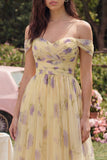 Yellow Flower A-Line Off the Shoulder Midi Dress with Ruffles