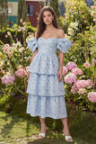 Blue Jacquard A-Line Off the Shoulder Tiered Midi Dress