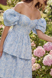 Blue Jacquard A-Line Off the Shoulder Tiered Midi Dress