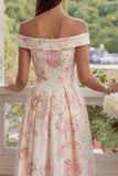 Pink White Flower A-Line Off the Shoulder Midi Dress