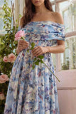 Blue Flower A-Line Off the Shoulder Midi Dress