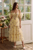 Yellow Flower A-Line Tulle Tiered Off the Shoulder Midi Dress