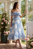 White Blue Flower Corset A-Line Tulle Off the Shoulder Midi Dress