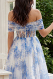 White Blue Flower Corset A-Line Tulle Off the Shoulder Midi Dress
