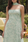 Dusty Sage Printed Chiffon Spaghetti Straps A-Line Midi Dress