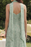 Dusty Sage Printed Chiffon Spaghetti Straps A-Line Midi Dress