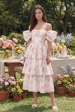 Pink White Flower Tiered A-Line Off the Shoulder Midi Dress