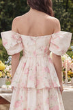 Pink White Flower Tiered A-Line Off the Shoulder Midi Dress