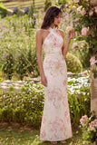 Halter Pink White Flower Sheath Midi Dress