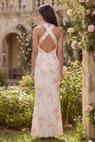 Halter Pink White Flower Sheath Midi Dress