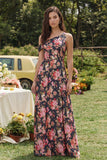 Black Pink Flower A-Line One Shoulder Midi Satin Dress