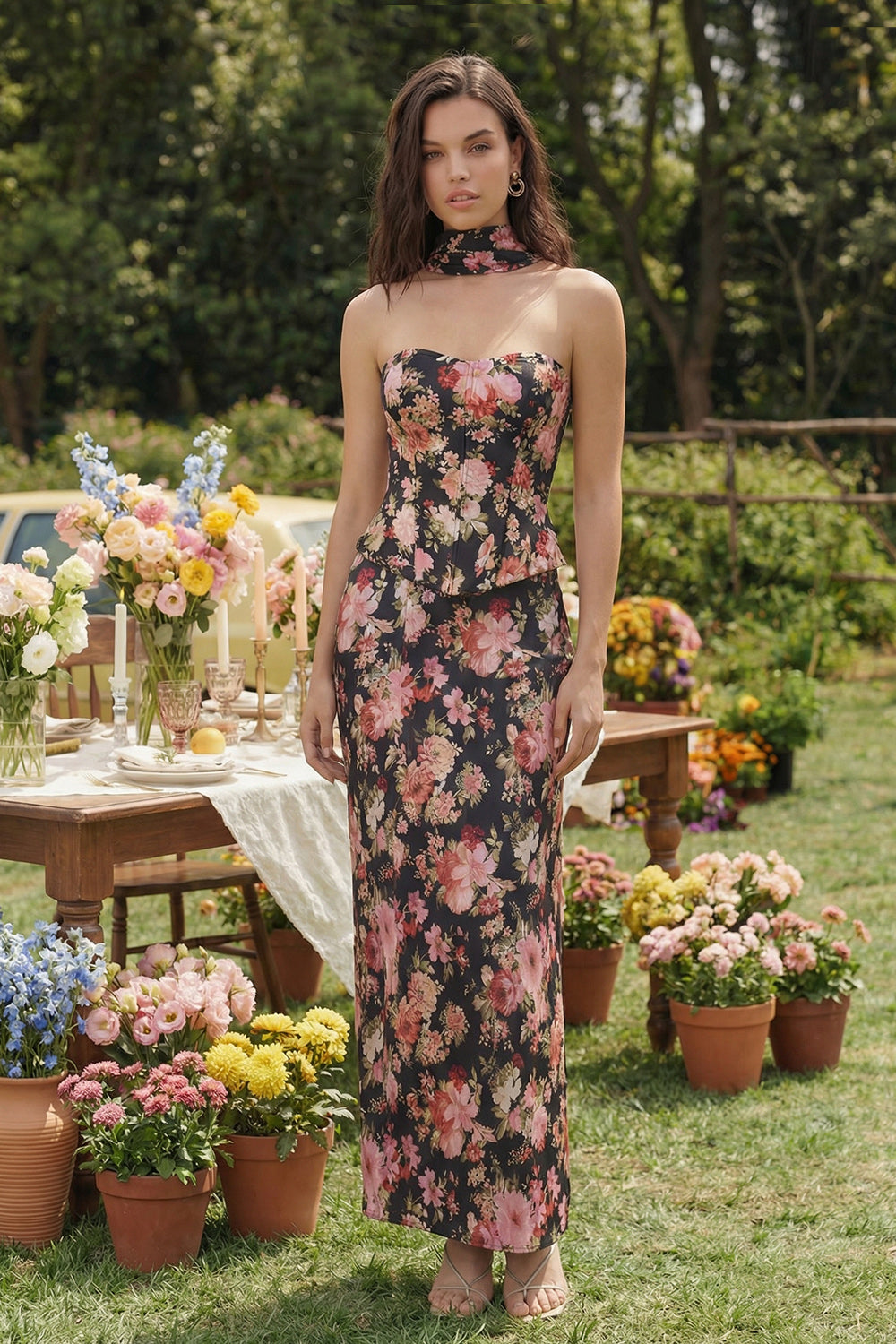 women's dark pink strapless dress for wedding ZAPAKA Women Black Pink Flower Satin Midi Dress Sheath Strapless Wedding Guest Dress, Black Pink Flower / US24W