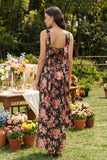 Black Pink Flower Sheath Strapless Satin Midi Dress