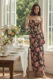 Black Pink Flower Sheath Strapless Satin Midi Dress