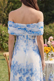 White Blue Flower A-Line Tulle Off the Shoulder Corset Midi Dress with Slit