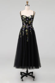 Black Appliqued A-Line Tulle Spaghetti Straps Midi Dress