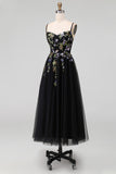 Black Appliqued A-Line Tulle Spaghetti Straps Midi Dress
