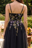 Black Appliqued A-Line Tulle Spaghetti Straps Midi Dress