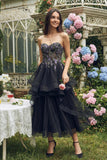 Black Strapless Appliqued A-Line Organza Midi Dress