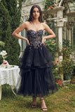 Black Strapless Appliqued A-Line Organza Midi Dress