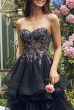 Black Strapless Appliqued A-Line Organza Midi Dress