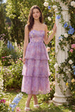 Purple Strapless A-Line Tulle Tiered Midi Dress