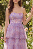 Purple Strapless A-Line Tulle Tiered Midi Dress