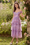 Purple Off the Shoulder A-Line Tulle Tiered Midi Dress