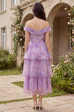 Purple Off the Shoulder A-Line Tulle Tiered Midi Dress