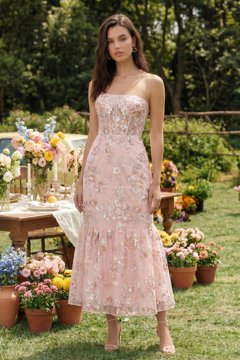 ZAPAKA Women Pink Appliqued Midi Dress Strapless Mermaid Corset Wedding Guest Dress with Back Zipper, Pink / US2