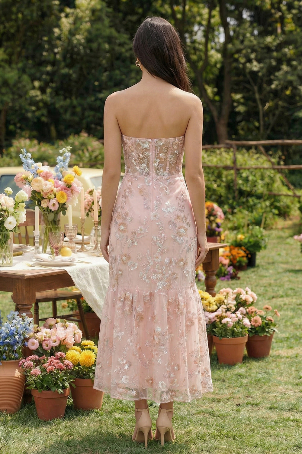 ZAPAKA Women Pink Appliqued Midi Dress Strapless Mermaid Corset Wedding Guest Dress with Back Zipper, Pink / US2