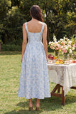 Blue Jacquard Square Neck A Line Midi Dress with Back Zipper
