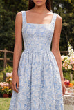 Blue Jacquard Square Neck A Line Midi Dress with Back Zipper