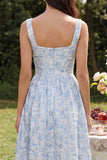 Blue Jacquard Square Neck A Line Midi Dress with Back Zipper