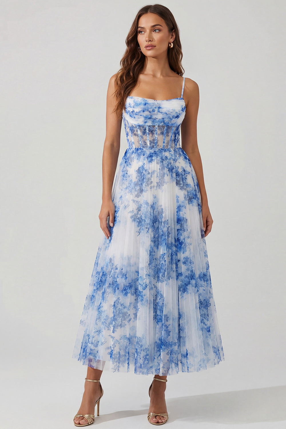 ZAPAKA Women White Blue Flower Midi Dress Tulle A-Line Corset Spaghetti