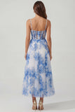 White Blue Flower Tulle A-Line Corset Spaghetti Straps Midi Dress