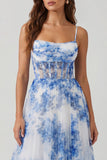 White Blue Flower Tulle A-Line Corset Spaghetti Straps Midi Dress