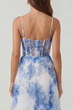 White Blue Flower Tulle A-Line Corset Spaghetti Straps Midi Dress