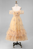 Yellow Floral Off the Shoulder A-Line Tulle Midi Dress with Ruffles