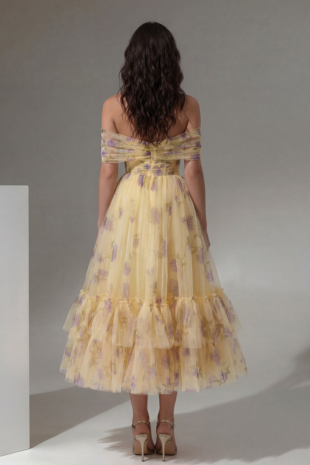 ZAPAKA Women Yellow Floral Midi Dress with Ruffles Off the Shoulder A