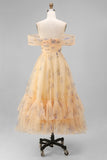 Yellow Floral Off the Shoulder A-Line Tulle Midi Dress with Ruffles
