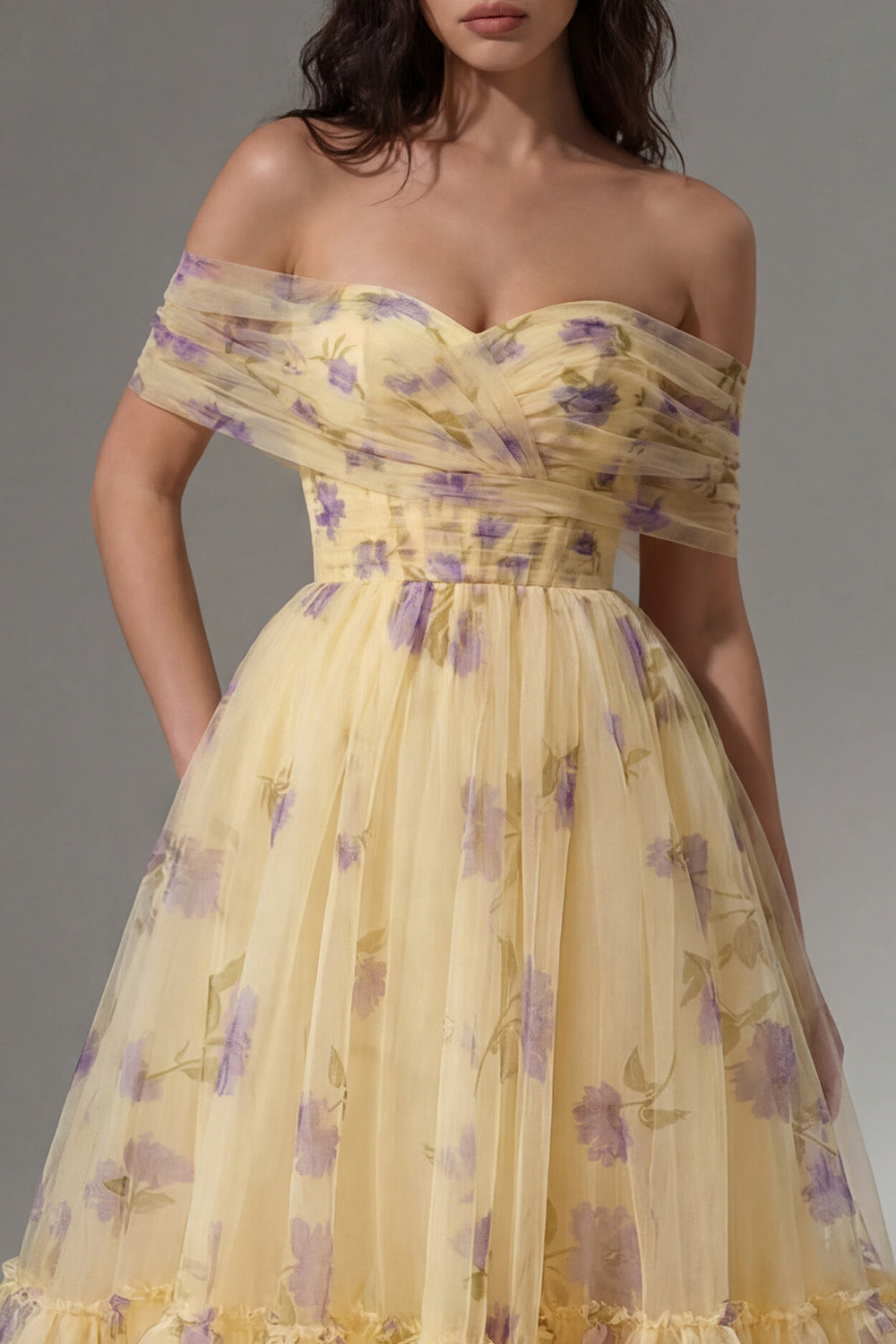 ZAPAKA Women Yellow Floral Midi Dress with Ruffles Off the Shoulder A