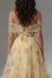 Yellow Floral Off the Shoulder A-Line Tulle Midi Dress with Ruffles