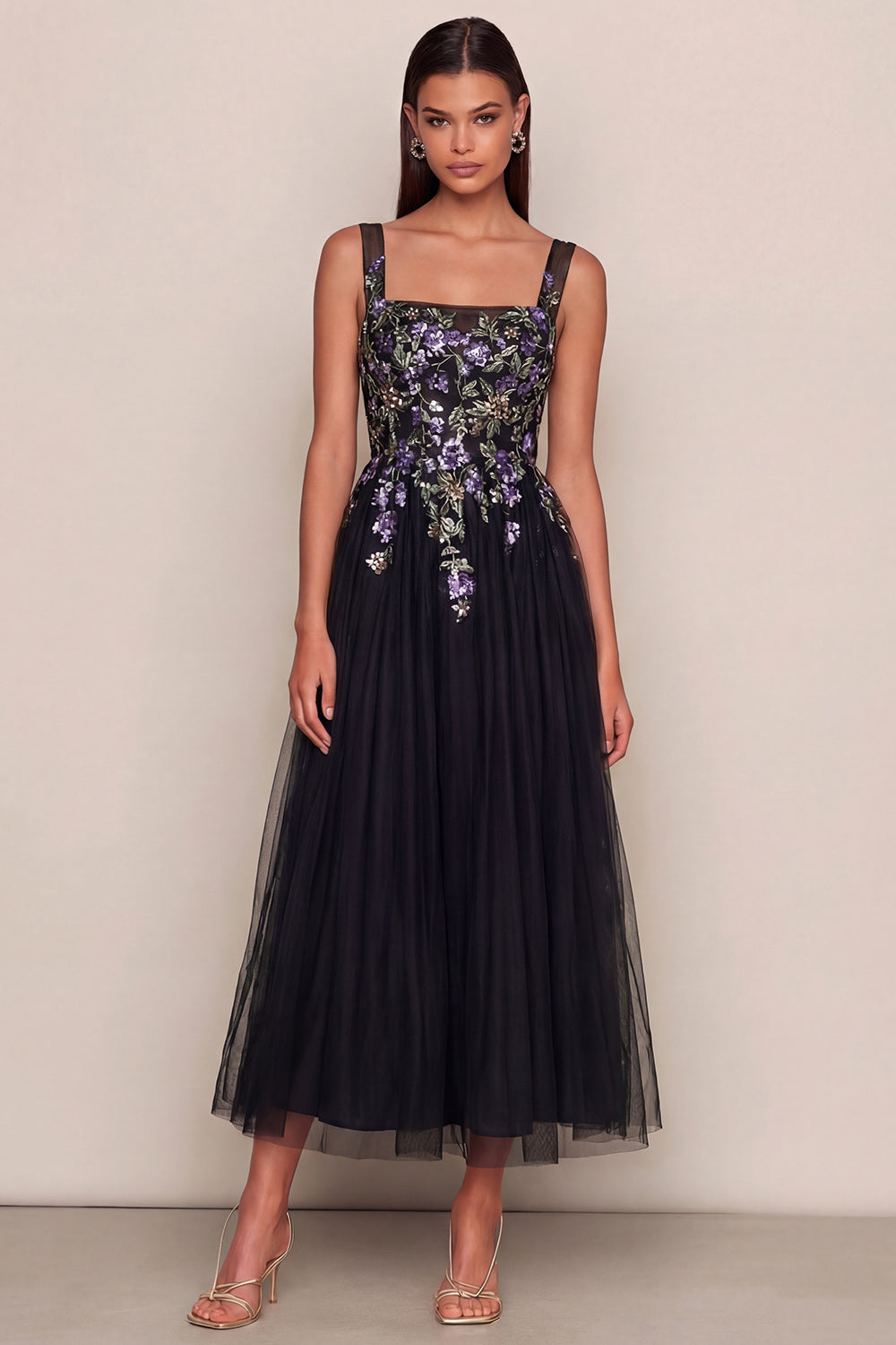 ZAPAKA Women Black Appliqued Midi Dress A-Line Tulle Square Neck