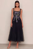 Black Appliqued A-Line Tulle Square Neck Midi Dress