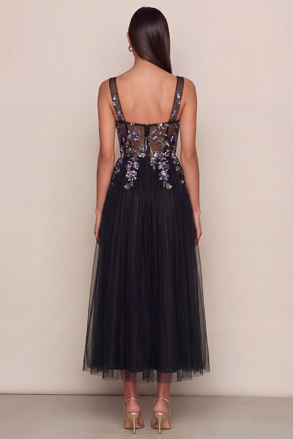 ZAPAKA Women Black Appliqued Midi Dress A-Line Tulle Square Neck