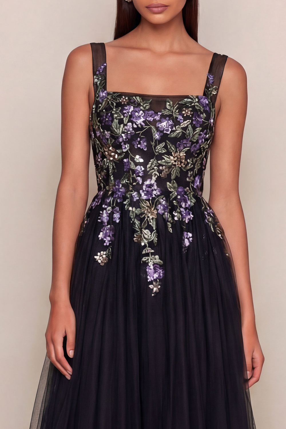 ZAPAKA Women Black Appliqued Midi Dress A-Line Tulle Square Neck